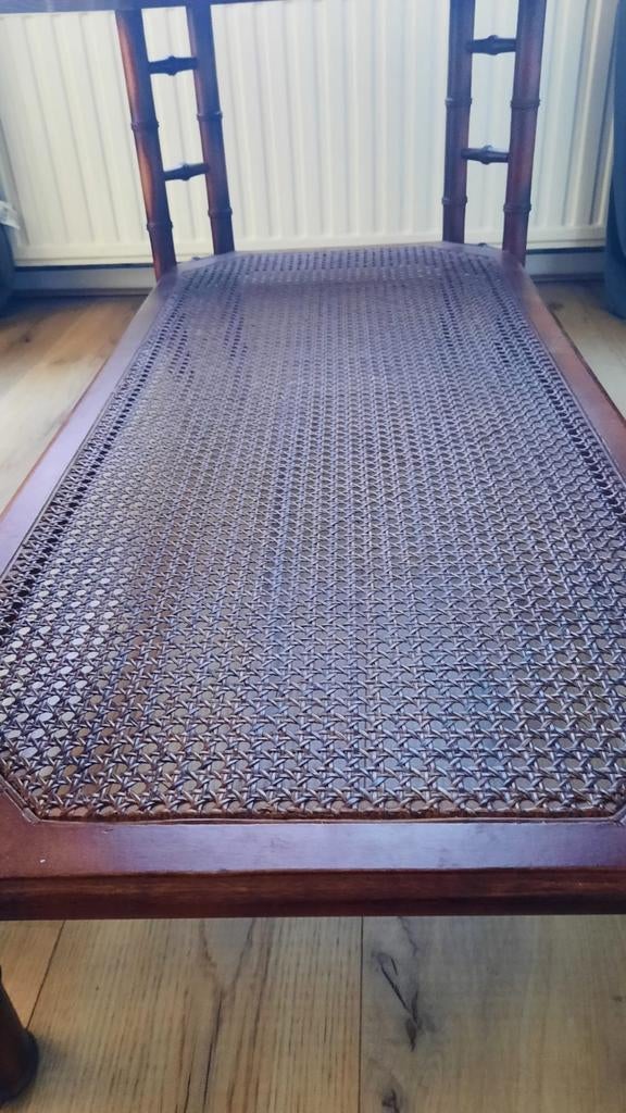 Salontafel van Faux Bamboo, facet glas en webbing onderb, Ophalen, Gebruikt, 100 tot 150 cm, 50 tot 75 cm