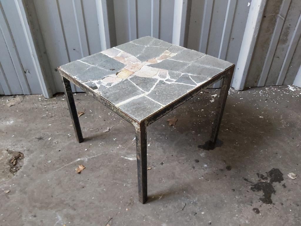 Tafeltje: Leisteen, stalen frame, 40x40x40, Tuin en Terras, Tuintafels, Vierkant, Ophalen of Verzenden, Zo goed als nieuw, Nb