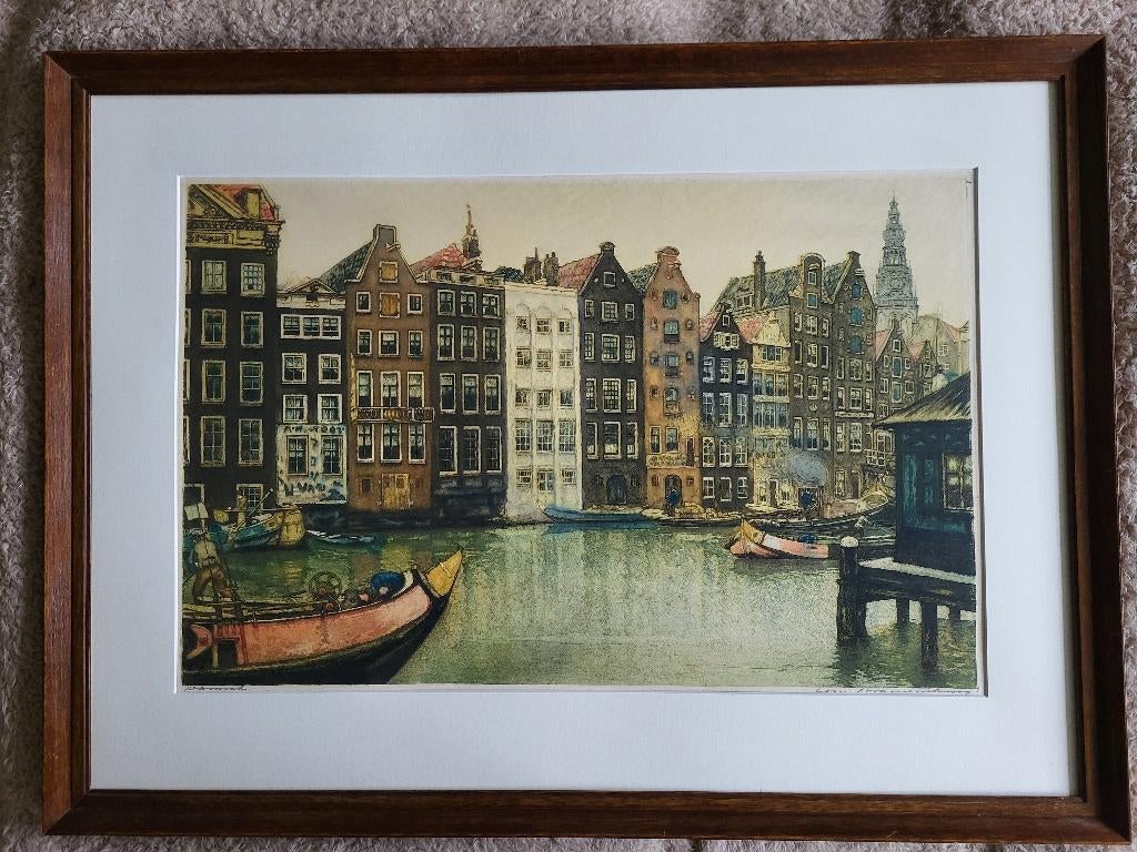 Ets van Cornelis Brandenburg. Damrak Amsterdam, Ingelijst, Ets, Stadsgezicht, Ophalen of Verzenden