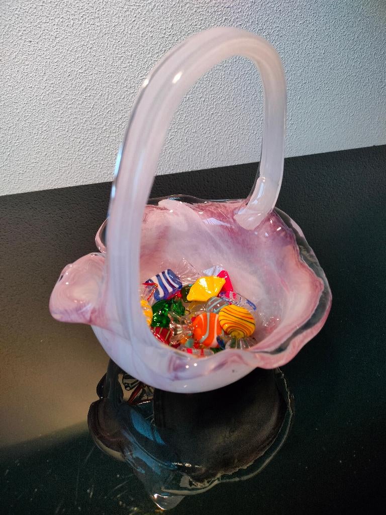 Murano Bohemen Kristal Glas Mandje Schaal Roze Snoep 1970, Antiek en Kunst, Antiek | Glas en Kristal, Ophalen of Verzenden