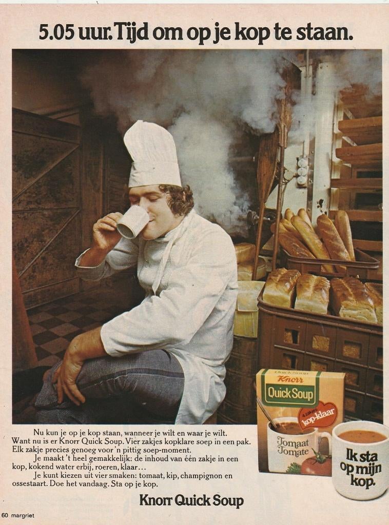 Retro reclame 1974 Knorr soep de bakker in bakkerij, Verzenden, Overige typen