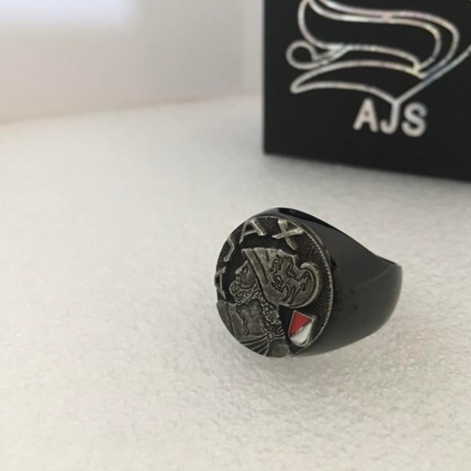 Ring Ajax logo zwart chirurgisch staal, Sieraden, Tassen en Uiterlijk, IJzer of Staal, 19 tot 20, Zwart, Nieuw