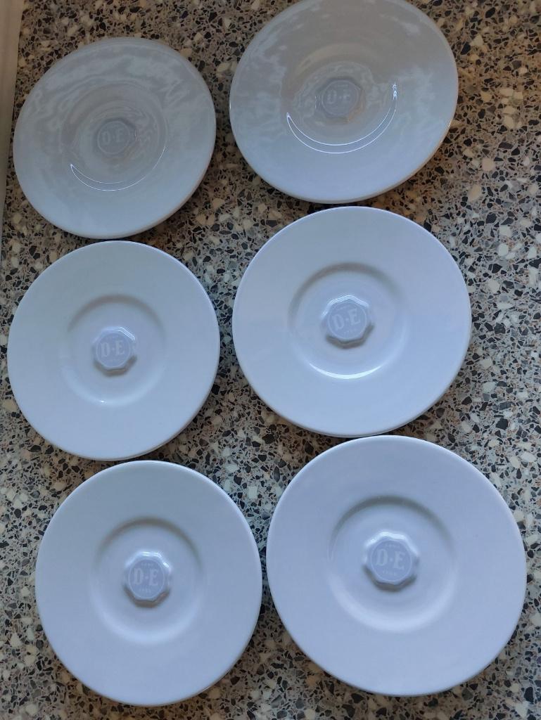 DE Douwe Egberts 6 schotels blauw grijs, Ophalen of Verzenden, Zo goed als nieuw, Overige stijlen, Kop(pen) en/of Schotel(s)