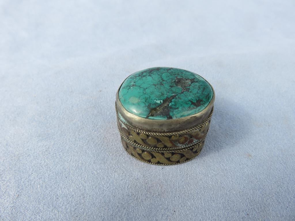 Koperen doosje met turquoise steen - 20e eeuw, Antiek en Kunst, Ophalen of Verzenden