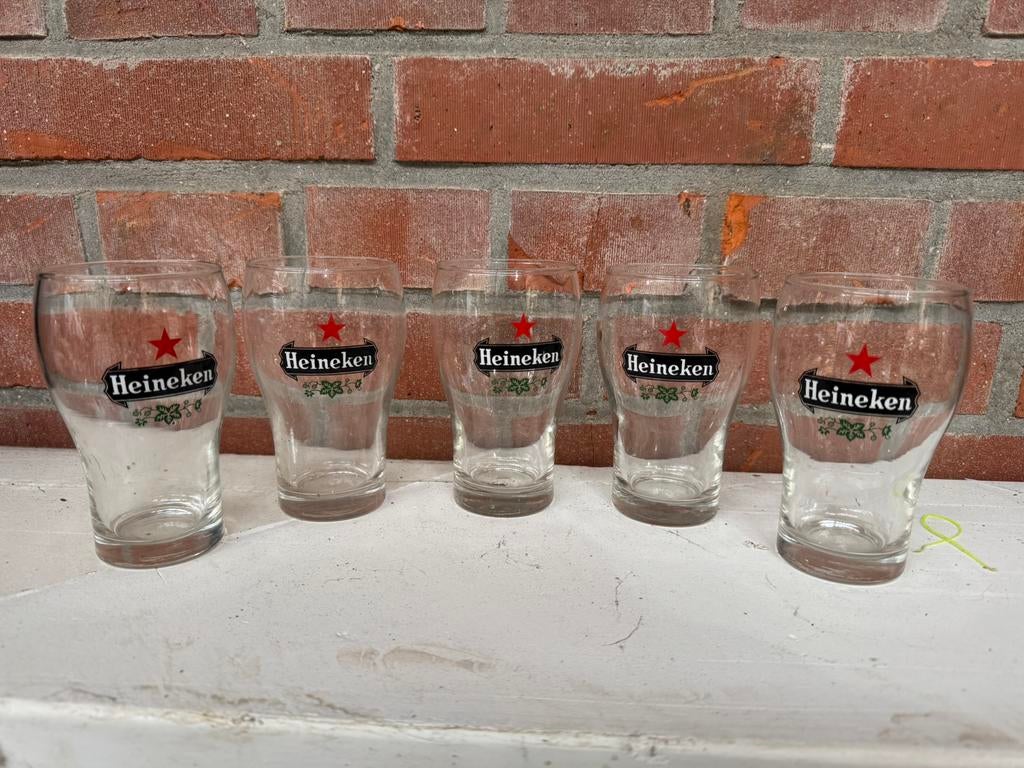 5 kleintje Heineken bierglazen, Verzamelen, Xx, Bierglas, Xx, Ophalen of Verzenden