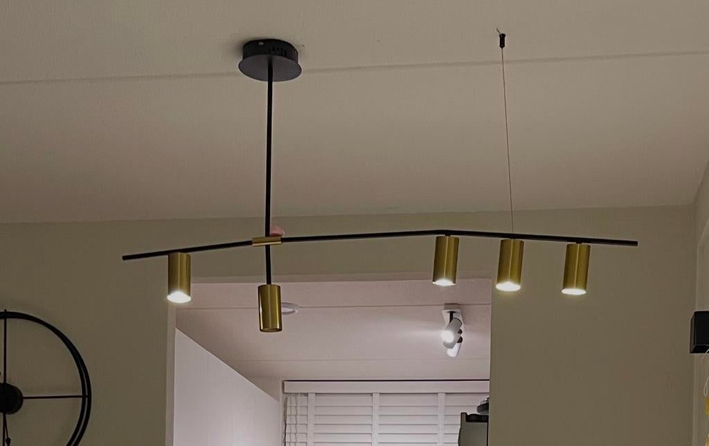 Gratis! Hanglamp met 5 spotjes, zwart en goudkleurig, Ophalen, Gebruikt, Metaal, 75 cm of meer