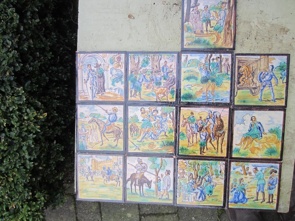 13 kleurrijke oude Spaanse tegels 14x14cm Don Quichot tiles, Antiek en Kunst, Antiek | Wandborden en Tegels, Ophalen