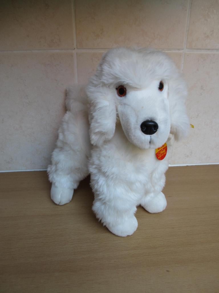 mooie steiff hond Mopsy met kaartje en label 28cm hoog, Antiek en Kunst, Antiek | Speelgoed, Ophalen