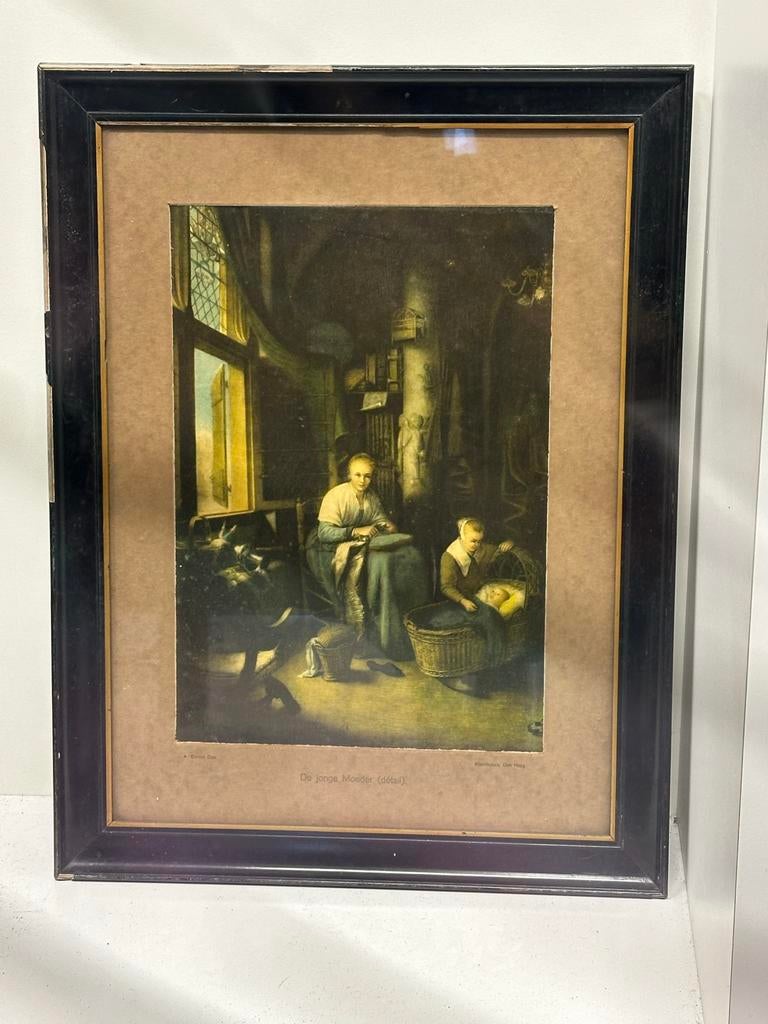 Oude ingelijste reproductie 'De Jonge Moeder' (detail), Ophalen of Verzenden