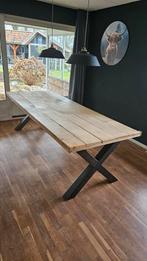 Robuuste steigerplanken tafel met stalen poten - 250x98 cm, Gebruikt, 200 cm of meer, 50 tot 100 cm, Vijf personen of meer