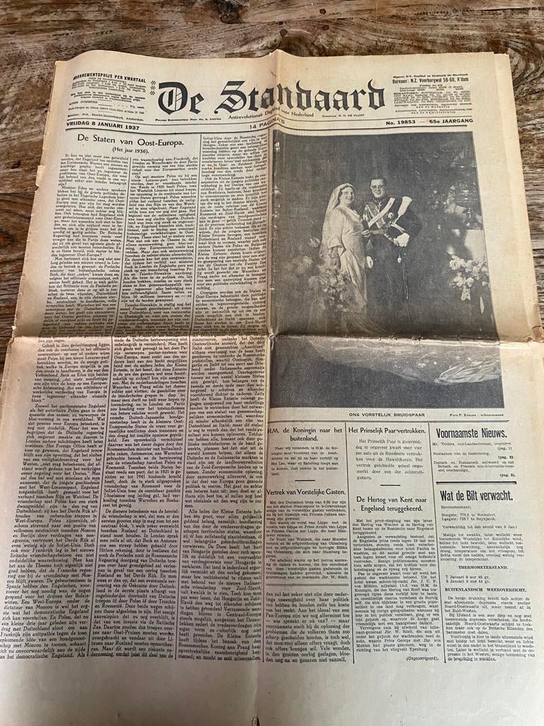 Krant de Standaard , 8 januari 1937 statiefoto bruidspaar, Verzamelen, Koninklijk Huis en Royalty, Ophalen of Verzenden, Gebruikt