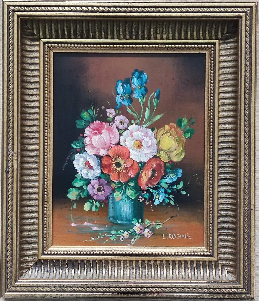L. Rosinie (XX) - Stilleven met rozen in vaas (op koper), Ophalen of Verzenden