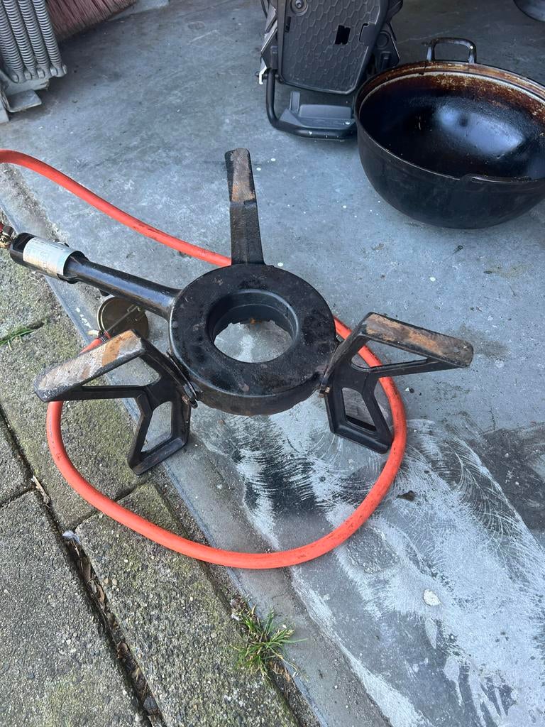 Grote pan met brander en reduceer voor oliebollen en meer, 4 liter of meer, Ophalen of Verzenden, Gebruikt