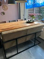 Complete eetkamer set: houten tafel, bank en 4 stoelen, Ophalen, Gebruikt, 4 tot 6 stoelen