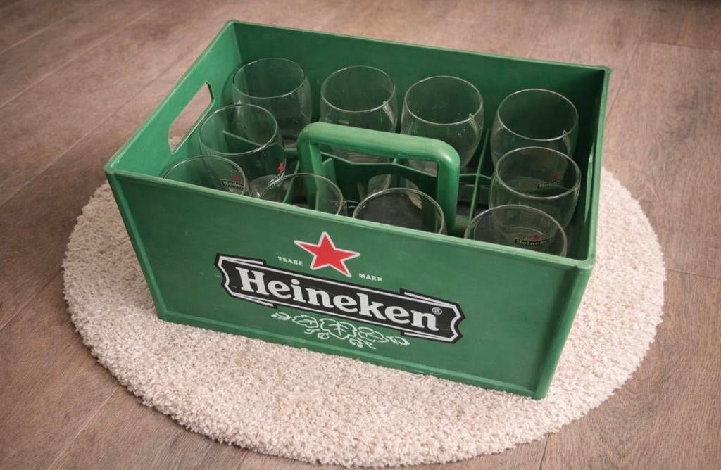 Heineken krat met glazen en handdoekje, Verzamelen, Ophalen, Gebruikt, Gebruiksvoorwerp