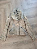 Leren gipsy tussen jas met bontkraag lichtbeige/crème small, Ophalen of Verzenden, Gedragen, Maat 36 (S), Beige