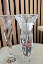 2 Kristallen kandelaars kaarsenhouders met frosted vlinder, Ophalen of Verzenden, Zo goed als nieuw, Overige materialen, Minder dan 25 cm