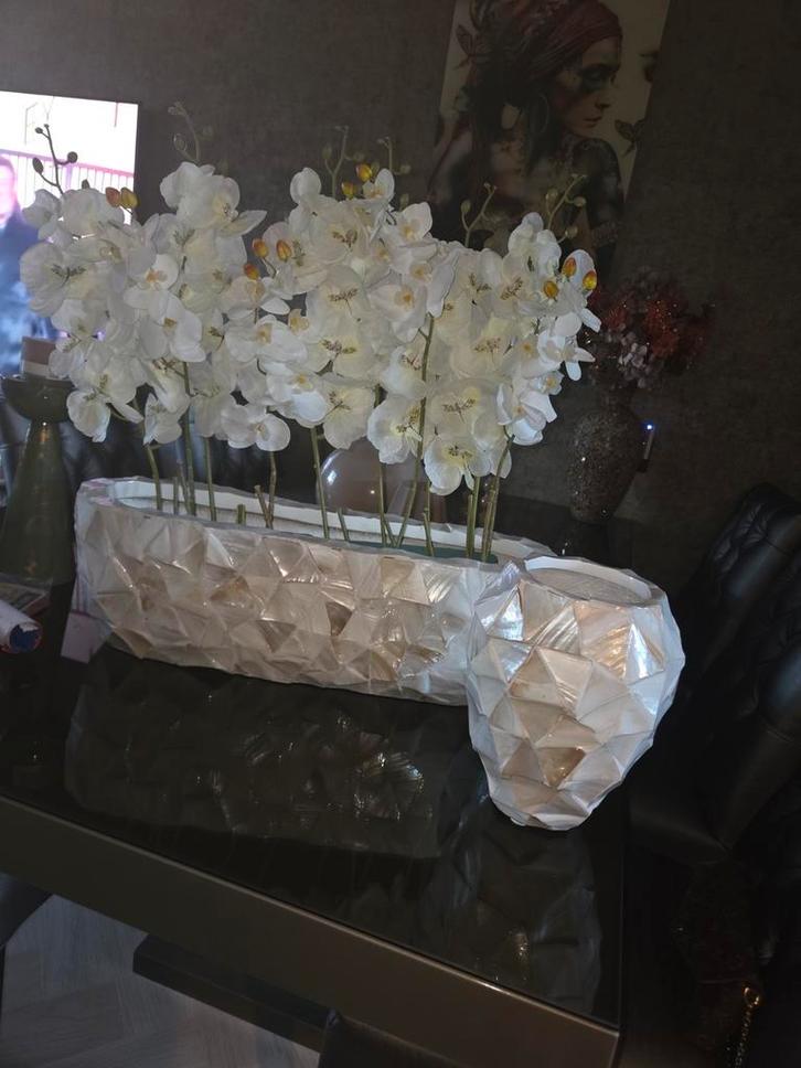 Set van 2 schelpenvazen met kunstorchideeën eric kuster, Huis en Inrichting, Woonaccessoires | Vazen, Zo goed als nieuw, Wit, Minder dan 50 cm