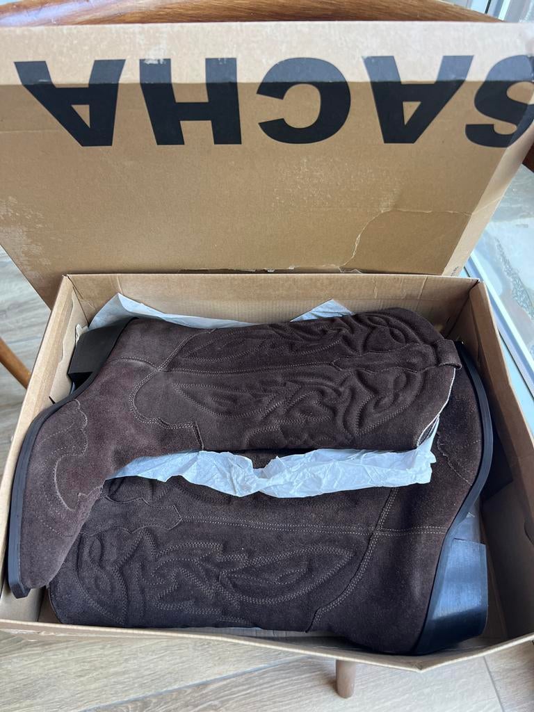 Nieuw Donkerbruine cowboylaarzen van echt suède, maat 41, Hoge laarzen, Bruin, Nieuw, Ophalen of Verzenden