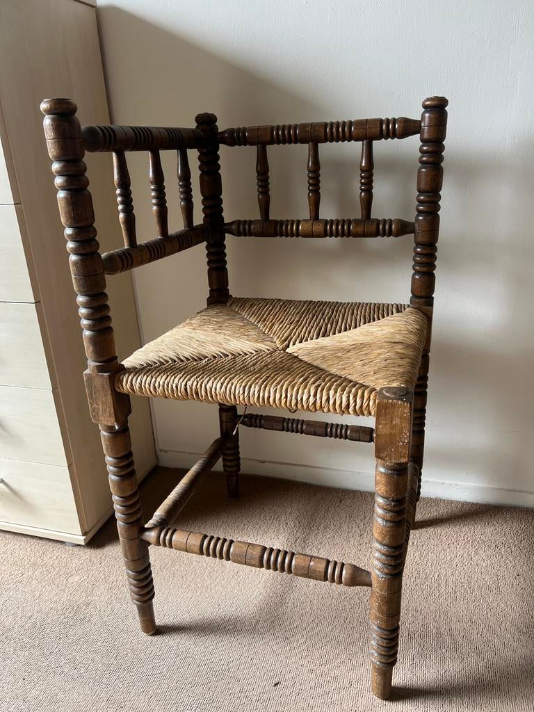 Antieke Bobbin Hoekstoel, knobbelstoel, biezen zitting, Antiek en Kunst, Ophalen