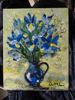 Schilderij: Blauwe en gele bloemen in vaas (25x35cm), Ophalen of Verzenden