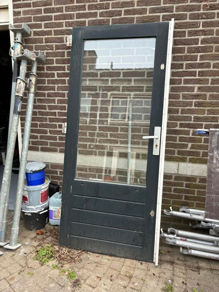 TEAB: Hard houten deur met dubbel glas, Doe-het-zelf en Verbouw, Deuren en Horren, Ophalen, Gebruikt, 80 tot 100 cm, 200 tot 215 cm