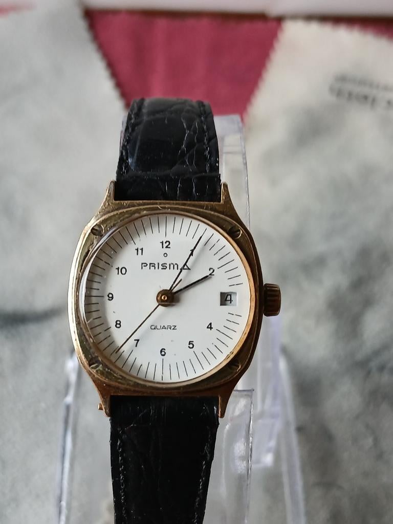 Vintage Prisma horloge met bronzen kast en datum, Ophalen of Verzenden