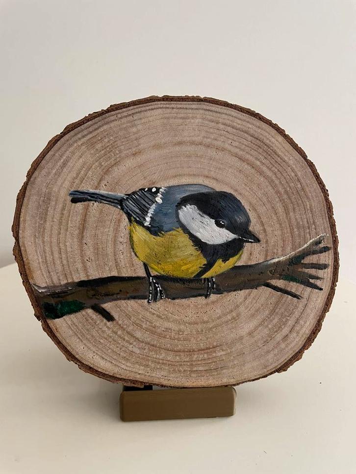 Koolmees op boomschijf, Huis en Inrichting, Woonaccessoires | Schilderijen, Tekeningen en Foto's, Nieuw, Schilderij, Minder dan 50 cm