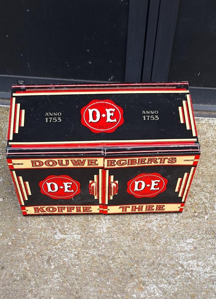 Winkelblik Douwe Egberts met twee scharnierende deurtjes., Verzamelen, Blikken, Ophalen of Verzenden, Gebruikt, Koffie, Douwe Egberts