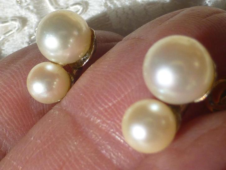 14 kt Gouden Oorbellen met dubbele zoutwater Parels, Sieraden, Tassen en Uiterlijk, Oorbellen, Zo goed als nieuw, Knopjes of Stekers