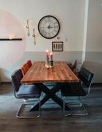 Eettafel voor 6 à 8 personen met stalen X poten, Huis en Inrichting, Tafels | Eettafels, Ophalen, Gebruikt, 50 tot 100 cm, Vijf personen of meer