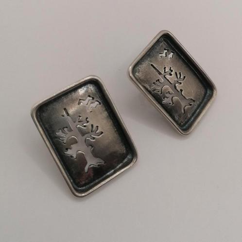 Vintage zilveren oorbellen vierkant boom vogels jaren 80, Sieraden, Tassen en Uiterlijk, Oorbellen, Zo goed als nieuw, Zilver