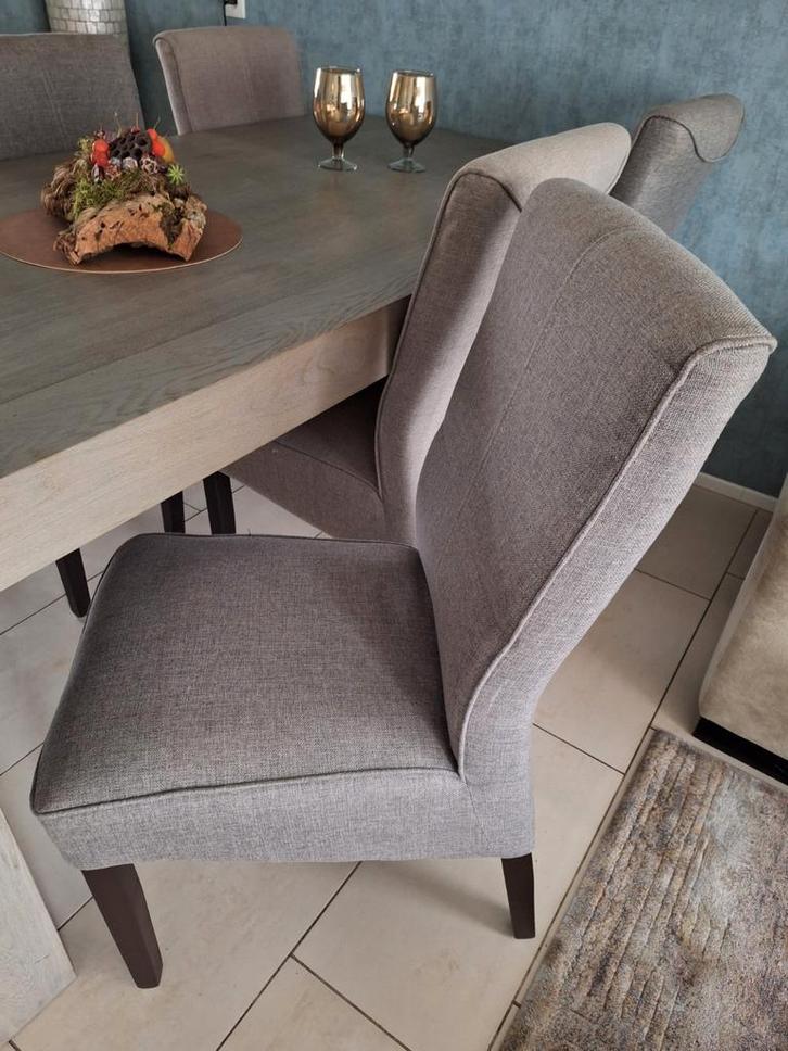 6 Eetkamerstoelen (stoffen bekleding), Huis en Inrichting, Stoelen, Gebruikt, Bruin, Ophalen