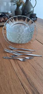 18 gebakbordjes glas + vergiet chrome, Gebruikt, Ophalen of Verzenden, Glas, Bord(en)