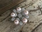 Vintage verzilverde broche met roze parels strass steentjes, Ophalen of Verzenden
