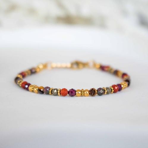 Armband met o.a. granaat, tijgeroog, pyriet & rode jaspis, Sieraden, Tassen en Uiterlijk, Armbanden, Nieuw, Staal, Rood, Met bedels of kralen