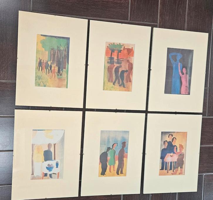 6 Werkman Prenten Ingelijst met Passe-Partout, Antiek en Kunst, Kunst | Tekeningen en Foto's, Ophalen of Verzenden