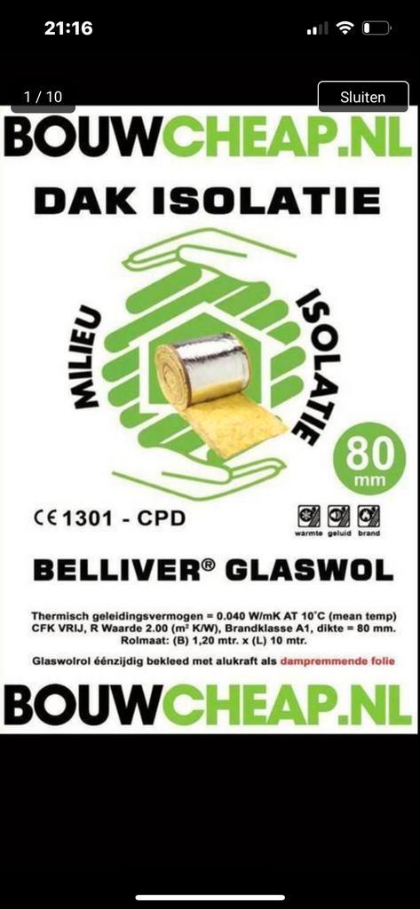 Glaswol zolderisolatie met dampremmende aluminiumfolie, Doe-het-zelf en Verbouw, Isolatie en Afdichting, Glaswol, Ophalen of Verzenden