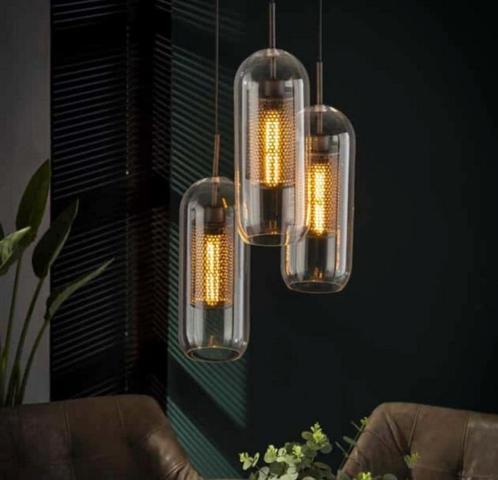 Moderne Hanglamp – Set van 3 Cilindervormige Lampen, Huis en Inrichting, Lampen | Hanglampen, Nieuw, Glas, Metaal, Ophalen of Verzenden