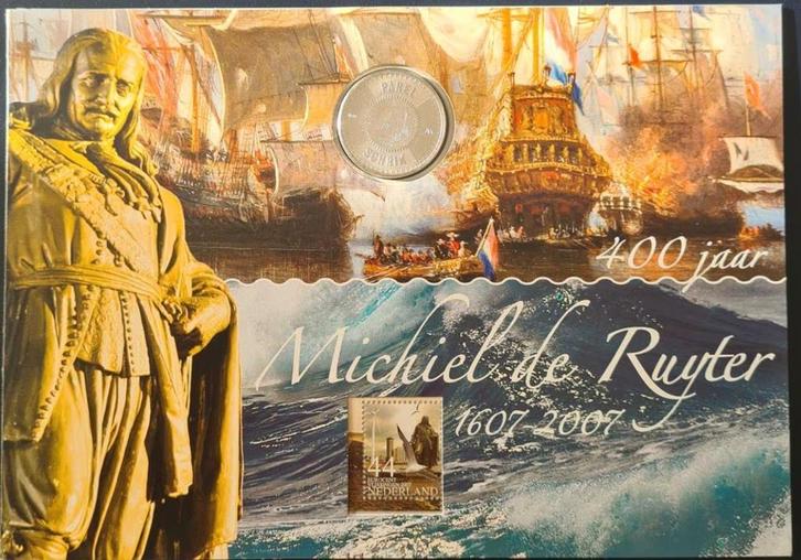 Michiel de Ruijter zilveren VIJFJE  en postzegels, Postzegels en Munten, Postzegels | Nederland, Postfris, Na 1940, Ophalen of Verzenden