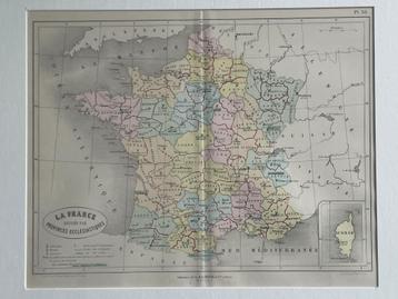 1865 Landkaart Frankrijk / provinces O U D in moooie lijst beschikbaar voor biedingen