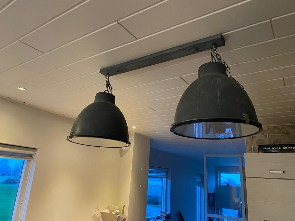 duo hanglamp grijs industrieel, Huis en Inrichting, Lampen | Hanglampen, Ophalen, Zo goed als nieuw, Metaal, Minder dan 50 cm