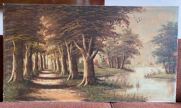 Breed idyllisch schilderij van een bospad langs een meertje, Antiek en Kunst, Kunst | Schilderijen | Klassiek, Ophalen