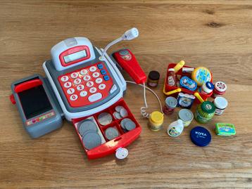 Speelgoedkassa met scanner, geluid, geld en boodschappen