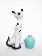 Gekleurde vintage 70s kat poes beeld beeldje bloem roze wit, Ophalen, Zo goed als nieuw, Dier