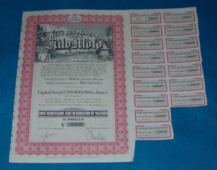 Aandeel Kilo-Moto goudmijnen - Belgisch Congo - met coupons, Postzegels en Munten, Aandelen en Waardepapieren, Aandeel, 1950 tot 1970
