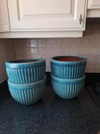 Set 4x Blauw/Groene Stenen Geglazuurde Bloempotten, Rond, Ophalen of Verzenden, Zo goed als nieuw, Aardewerk