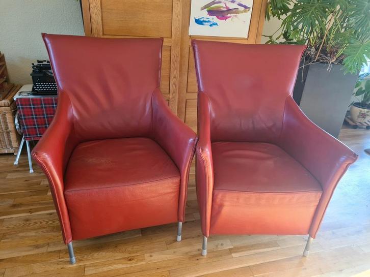 2 Rood lederen fautuils van Paul Hofstede, Huis en Inrichting, Fauteuils, Gebruikt, 50 tot 75 cm, 75 tot 100 cm, Ophalen
