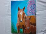 Zelfgemaakt schilderij van een paard en veulen, Ophalen of Verzenden
