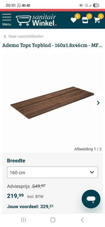 Adema Tops Topblad - 160x1.8x46cm - MFC - noten (hout) beschikbaar voor biedingen